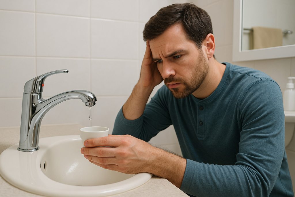 Homeowner inspecting dripping faucet in Salisbury, MD bathroom
