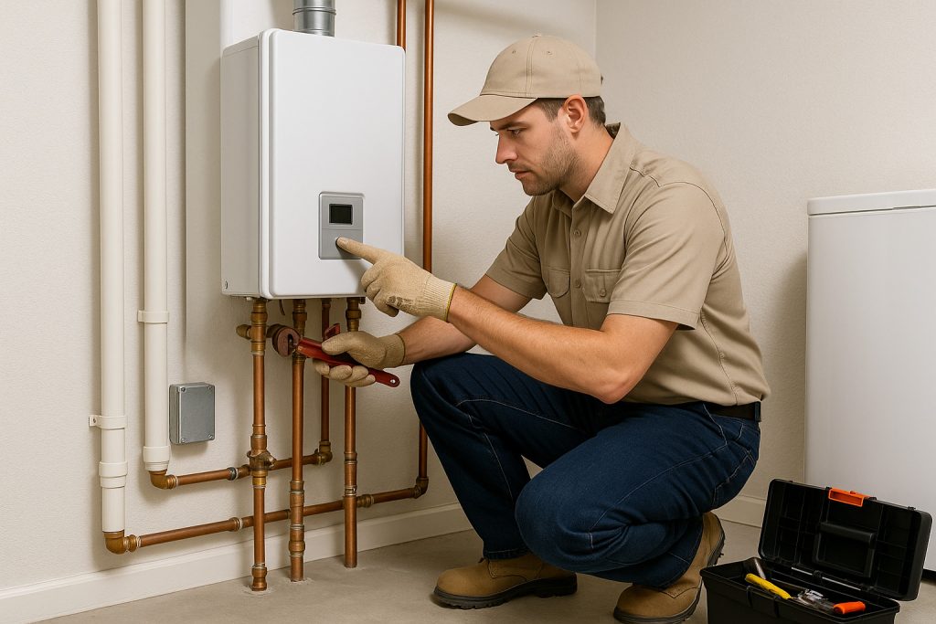 HVAC technician connecting piping on tankless water heater installation in Salisbury, MD