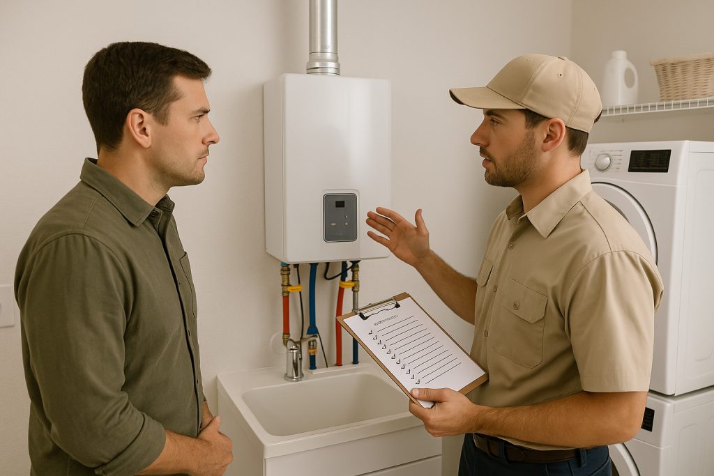Homeowner discussing tankless water heater maintenance with plumber in Salisbury, MD
