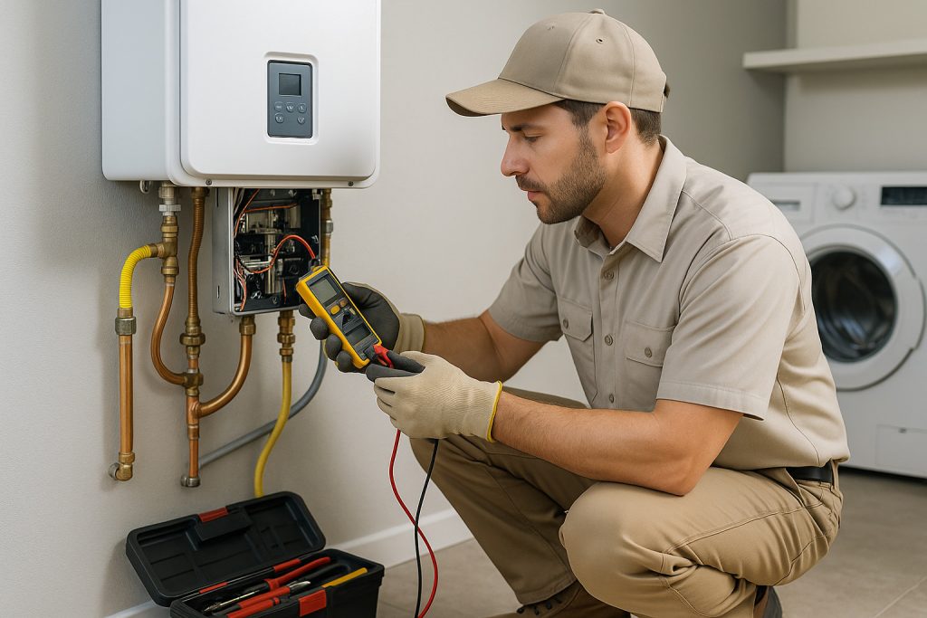 HVAC technician testing electrical components on tankless water heater in Salisbury, MD