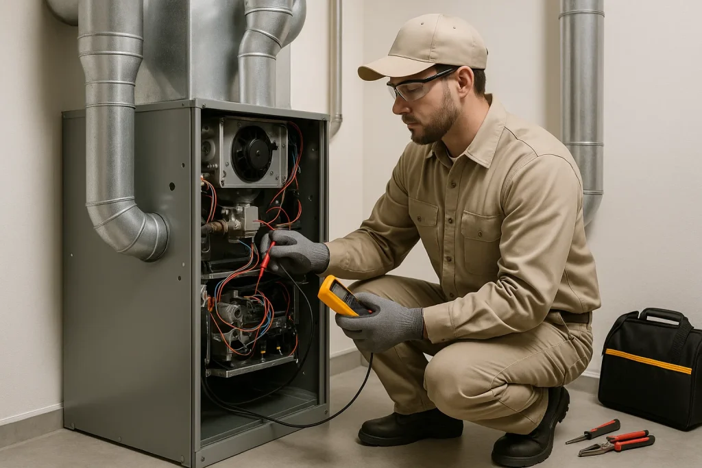 Technician testing furnace components during fall HVAC inspection