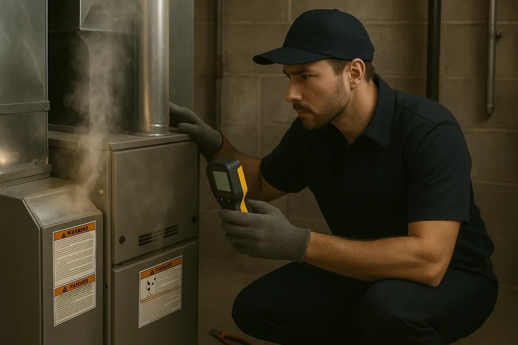 Real HVAC technician inspecting a furnace for overheating in a Salisbury, MD home.