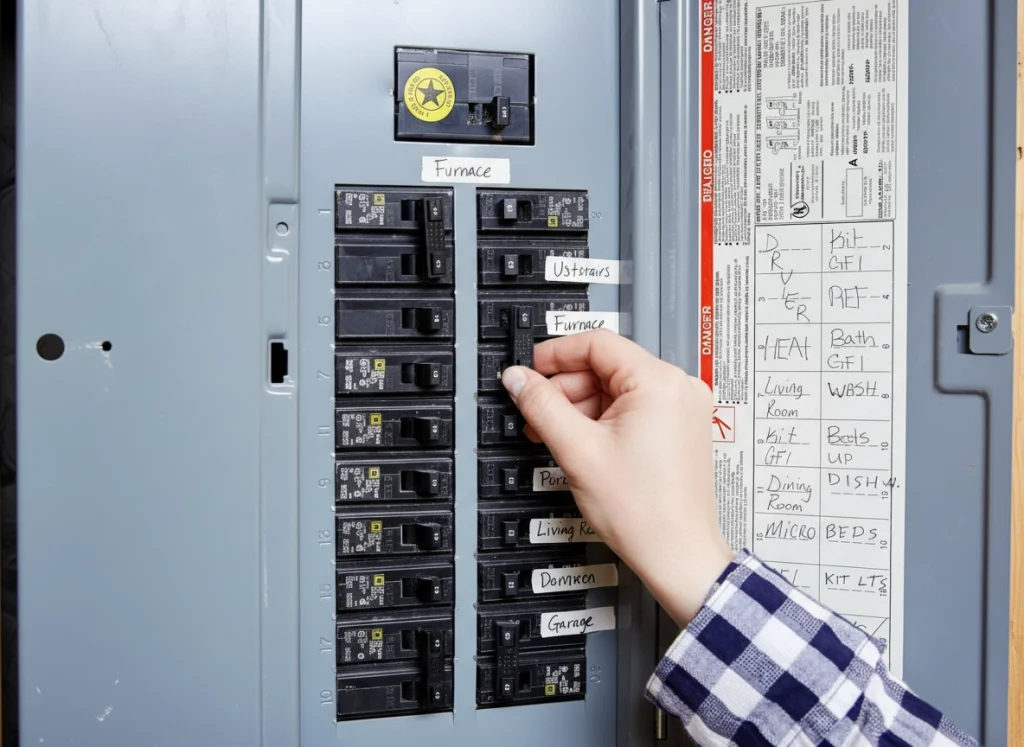 Homeowner resetting the furnace breaker during a winter no-heat emergency in Maryland.